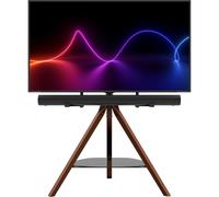 AVF Hoxton TV Floor Stand - With Soundbar Mount Included - Free-standing Tripod TV Unit, Solid Dark Wood Legs, Black Glass Shelf, For TVs 32" to 70"