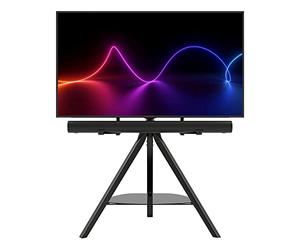 AVF Hoxton TV Floor Stand - With Soundbar Mount Included - Free-standing Tripod TV Unit, Solid Black Wood Legs, Black Glass Shelf, For TVs 32" to 70"