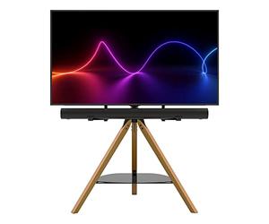 AVF Hoxton TV Floor Stand - With Soundbar Mount Included - Free-standing Tripod TV Unit, Solid Light Wood Legs, Black Glass Shelf, For TVs 32" to 70"