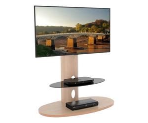 AVF Wood Column TV Stand - Affinity Chepstow Oval Combi Floorstand Unit, upto 65" & 45kg -Universal VESA Mount - Swivel & Height Adjustable - Grained Finish with Black Glass Shelf (Oak Whitewashed)