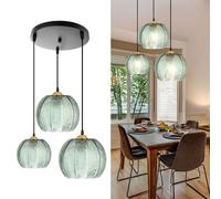AvgnLxqe 3-Light Modern Glass Pendant Light, Vintage Green Pendant Lighting with Ribbed Glass Shade, Chandelier Ceiling Hanging Lamps for Kitchen Island, Bedroom, Living Room, Dining Table