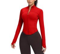 AVGO Women's Cropped Running Workout Jackets Zip Slim Fit Athletic Tops with Thumb Holes, Red, S