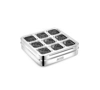 AVIAS 9 Square Stainless Steel Spice Box, Organiser With 9 Compartment, Popula Dabba, Square Masala Dani For Kitchen, Rust Resistant See-Through Lid With Unbreakable Acrylic Sheet, Design, Medium