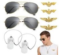 Aviator Costume Set 8PCS, Sunglasses Wings Badge & Dog Tags for Men | 8-Piece Kit, Gold Wings Badge Included, Military Style Dog Tags, Pilot Cosplay & Party Use, Great for Halloween & VE Day