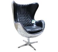 Aviator Retro Swivel Egg Armchair Aluminium Vintage Black Real Distressed Leather