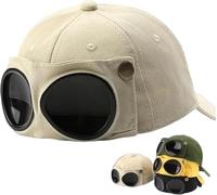 Aviator Style Baseball Cap with Integrated Goggles, Men's Korean-Style Vintage Pilot Baseball Cap, Casual Style, Lightweight Design for Outdoor Wear and Daily Fashion，Beige