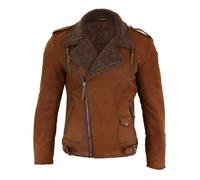 Aviatrix Men's Black Brown Cross Zip Leather Biker Jacket Fleece Lined Fitted - Tan - 5XL