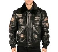 Aviatrix Men's Black Leather Bomber Aviator Badge Pilot Jacket Removable Fur Collar - 3XL