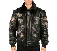 Aviatrix Men's Black Leather Bomber Aviator Badge Pilot Jacket Removable Fur Collar - Small
