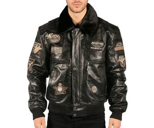 Aviatrix Men's Black Leather Bomber Aviator Badge Pilot Jacket Removable Fur Collar - Small