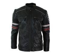 Aviatrix Men's Black Racing Biker Jacket Red White Stripes Leather Fit - X-Large
