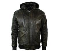 Aviatrix Men's Brown Washed Distressed Removable Hood Bomber Leather Jacket Quilted - Medium