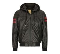 Aviatrix Men's Hooded Leather Bomber Jacket Red Stripes Quilted - Black - Medium