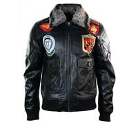 Aviatrix Men's Leather US Aviator Air Force Pilot Flying Bomber Jacket Black Fur Collar - Black - Large