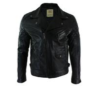Aviatrix Men's Washed Brown Black Leather Biker Jacket Cross Zip - Black - 4XL
