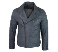 Aviatrix Men's Washed Brown Black Leather Biker Jacket Cross Zip - Blue - Large