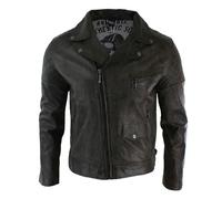Aviatrix Men's Washed Brown Black Leather Biker Jacket Cross Zip - Brown - 3XL