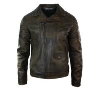 Aviatrix Men's Washed Brown Black Leather Biker Jacket Cross Zip - Brown - Large