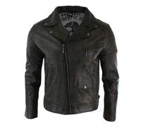 Aviatrix Men's Washed Brown Black Leather Biker Jacket Cross Zip - Brown - Small