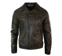 Aviatrix Men's Washed Brown Black Leather Biker Jacket Cross Zip - Brown - X-Large