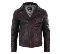 Aviatrix Men's Washed Brown Black Leather Biker Jacket Cross Zip - Burgundy - 3XL