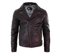 Aviatrix Men's Washed Brown Black Leather Biker Jacket Cross Zip - Burgundy - Small