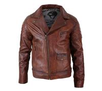Aviatrix Men's Washed Brown Black Leather Biker Jacket Cross Zip - Timber - Medium