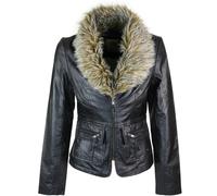 Aviatrix Women's New Short Black Leather Jacket Coat Faux Fur Collar - UK 20