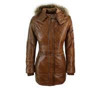 Aviatrix Women's Tan Brown Fur Hooded Parka Leather Jacket Winter Coat - Timber - UK 10