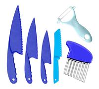 AVIDA ZEN Kids Knife Set for Chopping 6 Pcs-Children Kitchen Knife Set for Cutting-Mini Chef Kids Safety Knives for Toddlers-4 Sizes Knives, 1 Peeler, 1 Crinkle Cutter-for Vegetables, Fruit (Blue)