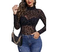 Avidlove Women Mesh Bodysuit Long Sleeve Sheer Lace Tops Sexy Body Leotard | Half Mock Neck,Geo Print T-Shirt,See-through clothing,Crotch Snap,Elastic mesh fabric,Y2k Clubwear,Festival Outfit Party