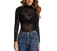 Avidlove Women Mesh Bodysuit Long Sleeve Sheer Lace Tops Sexy Body Leotard | Half Mock Neck,Geo Print T-Shirt,See-through clothing,Crotch Snap,Elastic mesh fabric,Y2k Clubwear,Festival Outfit Party