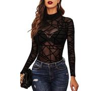 Avidlove Women Mesh Bodysuit Long Sleeve Sheer Lace Tops Sexy Body Leotard | Half Mock Neck,Geo Print T-Shirt,See-through clothing,Crotch Snap,Elastic mesh fabric,Y2k Clubwear,Festival Outfit Party