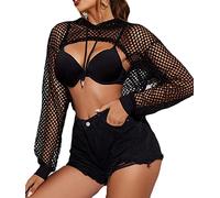 Avidlove Women's Crop Tops Long Sleeve T Shirt Fishnet Hoodies Party Outfit Rave Clothing Mesh Ladies Short Sweatshirt with Drawstring Neon UK Black XXL