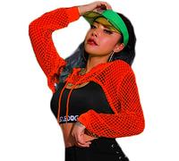 Avidlove Women's Crop Tops Long Sleeve T Shirt Fishnet Hoodies Party Outfit Rave Clothing Mesh Ladies Short Sweatshirt with Drawstring Neon UK Red XXL