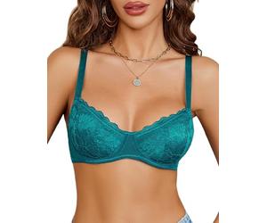 Avidlove Women's Dirndl Bra Sexy Lace Transparent Underwire Bras Comfortable Classic Bralette Spaghetti Strap Unpadded Bralettes Everyday Underwear Blue-Green L