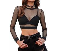 Avidlove Women's Fishnet Crop Top Long Sleeve T-Shirt Sheer Mesh Blouse | XS-3XL,2 styles of fishnets,Soft fabric,Crew Neck,With Bound Trim,Cropped,Party Club Fashion Streetwear,Festival Rave Outfit