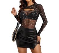 Avidlove Women's Mesh Bodysuit Sexy Long Sleeve T-Shirts Sheer Lace Y2K Body Elegant Transparent Blouse See Through Rave Outfit Going Out Party Clubwear Star L
