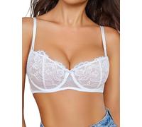 Avidlove Women's T-Shirt Bra Sexy Half Cup Underwire Bras Dirndl Underwear Bralettes Casual Spaghetti Strap Lace Bralette Soft Comfortable Bustier White S