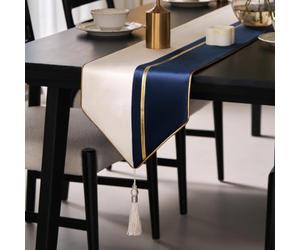 Avigers 12 x 72 Inch Decorative Luxury Navy Blue White Gold Leather Striped Patchwork Velvet Table Runners with Tassels for Home Living Room Bedroom Art Decor Wedding