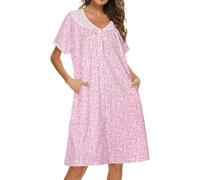 AVIIER 100% Cotton House Dress for Women Short Sleeve Housecoat Duster Robe with Pockets, Pink Flower, S