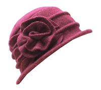 Avilego Womens Wool Cloche Bucket Hat Slouch Wrinkled Winter Warm Beanie Cap with Flower - Red - One Size