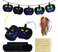 Aviski 48Pcs Scratch Paper Rainbow Color Scratch Ornaments Halloween Ornaments Hanging Craft Art Kits with Wooden Stick and Ribbon for Kids Halloween Party Favours Decorations