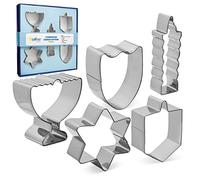 Aviv Judaica Hanukkah Cookie Cutters Set Stainless Steel Cookie Cutters - 5 Fun Cookie Molds Chanukah Shapes - Menorah - Dreidel - Candle - Maccabee Shield - Star of David