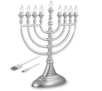 Aviv Judaica Traditional Hanukkah LED Electric Menorahs Gray Battery or USB Powered Chanukiah w/ 4' Micro USB Cable Electronic Chanukah Candles Minorah Lighted Hanukah Decor 2 Menorat, Matte Silver