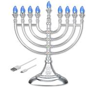 Aviv Judaica Traditional LED Menorah 13" Metallic Silver Battery or USB Powered Menorah Chanukiah with 4' USB Cable Electronic Chanukah Minorah Flameless Hanukkah Candles Bulbs Lighted Hanukah Decor