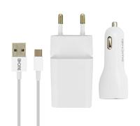 Avizar 2.1A charger kit + 2.1 A car charger + 1m USB type C Cable, White