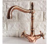 AVJERA Brass Kitchen Bathroom Sink Faucet, Antique Brass, Single Hole, Rotating, Cross Handle, Deck Mount, Traditional Style, Bronze