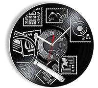 AVJERA Wall Clock Battery Operated Silent Non-Ticking Stamp Collection Exhibition Philately Retro Music Album Vinyl Record Clock Philatelist Living Room Decoration Silent Stamp Collector Gift