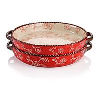 AVLA 2 Pack Ceramic Pie Pan, 23 cm Round Baking Dish with Double Handle, 28 Ounce Deep Quiche Plate for Kitchen, Cooking, Roasting Lasagna (Sakura, Red)